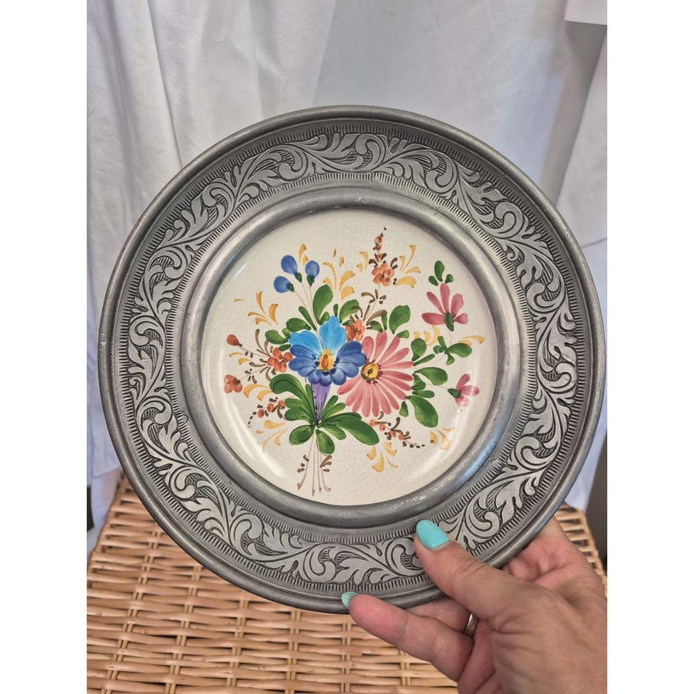 Vintage 9in Bassano Style Hand Painted Floral Ceramic Pewter Tone Wall Plate